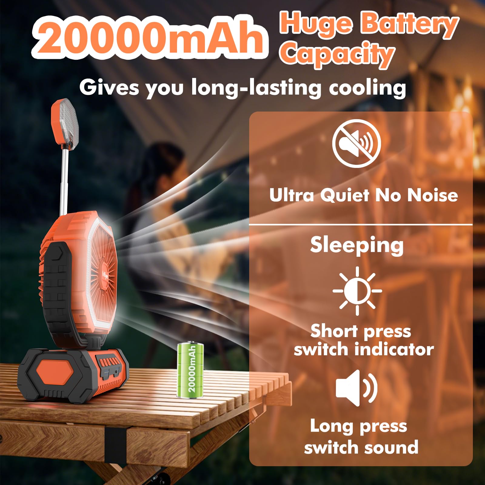 Outdoor Camping Fan with Light, 20000mAh Battery Powered, Rechargeable Portable Fan with Remote Control and 360° Rotating Hook, 4 Speeds for Indoor, Traveling, Tenting, RVing, Fishing, Beach (Orange)